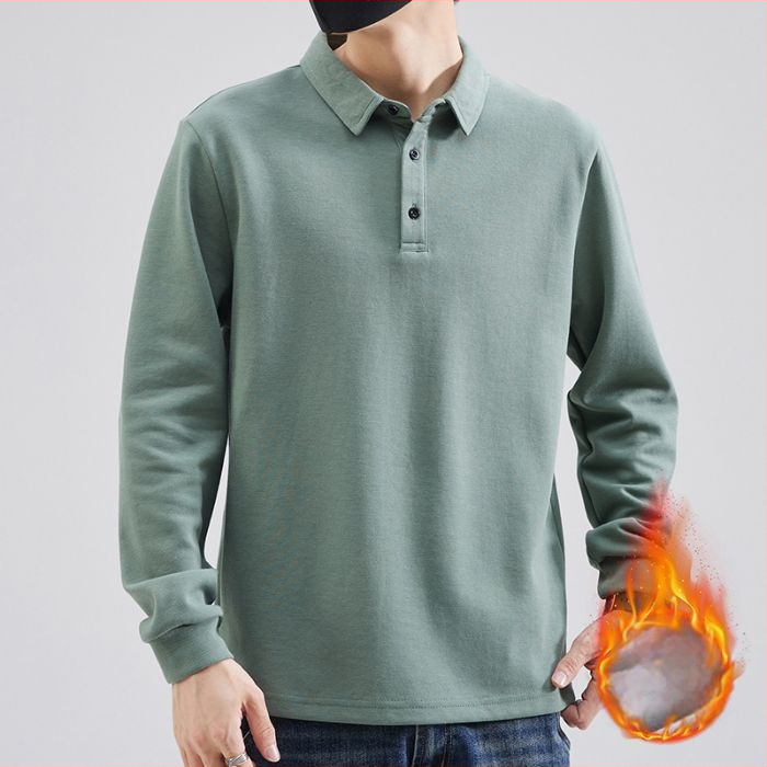 Meeste polo pikkade varrukatega fleece sisemine soojus, vaba lõige, puuvilla-poliesteri segu, sobiv sügise-külma hooajaks