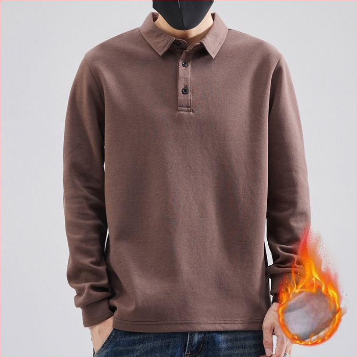 Meeste polo pikkade varrukatega fleece sisemine soojus, vaba lõige, puuvilla-poliesteri segu, sobiv sügise-külma hooajaks
