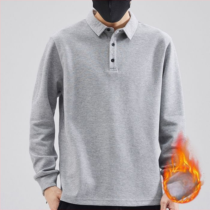 Meeste polo pikkade varrukatega fleece sisemine soojus, vaba lõige, puuvilla-poliesteri segu, sobiv sügise-külma hooajaks
