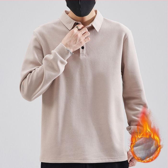 Meeste polo pikkade varrukatega fleece sisemine soojus, vaba lõige, puuvilla-poliesteri segu, sobiv sügise-külma hooajaks