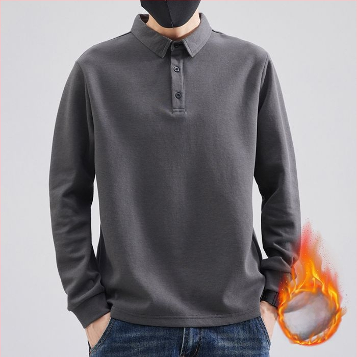 Meeste polo pikkade varrukatega fleece sisemine soojus, vaba lõige, puuvilla-poliesteri segu, sobiv sügise-külma hooajaks