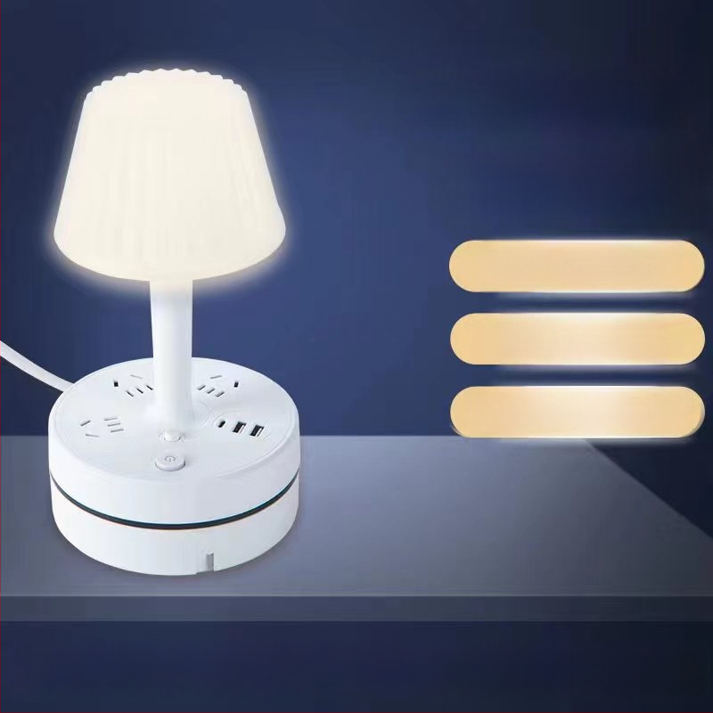 Multifunkcinė stalo lempa su įmontuota maitinimo juosta, USB įkrovimo jungtimi, LED akių apsaugos naktine šviesa ir saugojimo funkcija