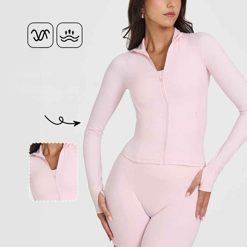 Moteriška ilgom rankovėmis jogos džemperis su užtrauktuku, siaura kirpimo, juosmens ilgio, kvėpuojantis ir elastingas audinys, nailonas-spandeksas (75/25), Ami Medea.