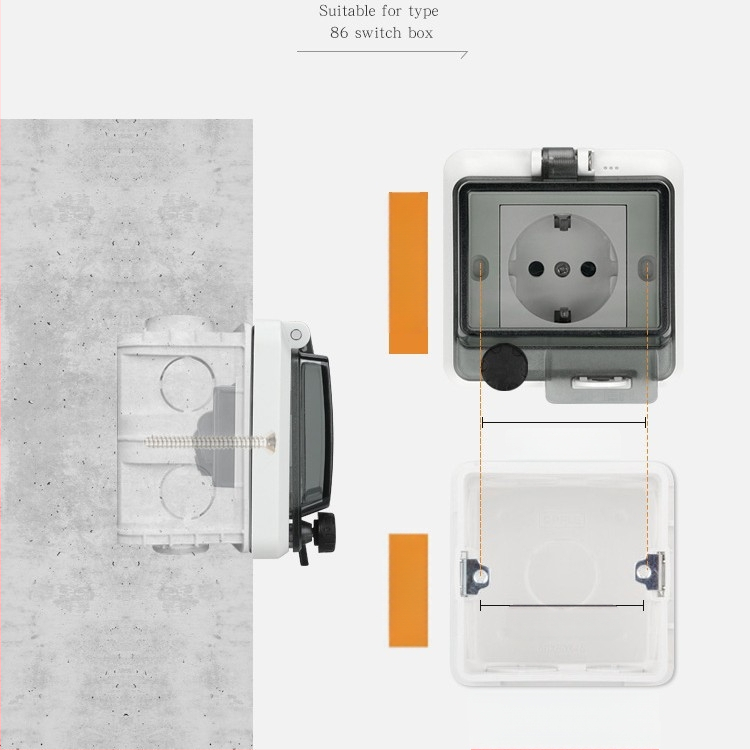 86-tipīga slēpta ūdensdroša integrētā strāvas kontaktligzda sienas montāžai, paredzēta vannas istabai un ārējai lietošanai