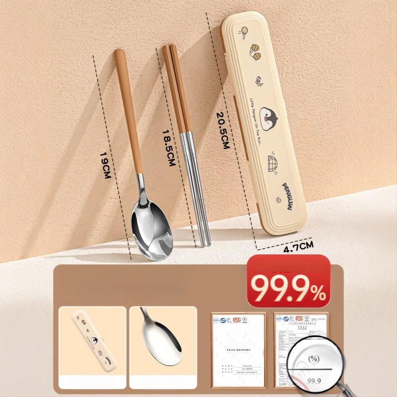 316 nerūdijančio plieno vaikų stalo įrankių rinkinys – vienam asmeniui, 3 dalys (valgomosios lazdelės, šaukštas, šakutė) su nešiojama laikymo dėžute, veidrodinis paviršius, nordinis stilius, 2024 m. pristatymas, pritaikymas galimas