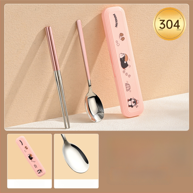 316 nerūdijančio plieno vaikų stalo įrankių rinkinys – vienam asmeniui, 3 dalys (valgomosios lazdelės, šaukštas, šakutė) su nešiojama laikymo dėžute, veidrodinis paviršius, nordinis stilius, 2024 m. pristatymas, pritaikymas galimas