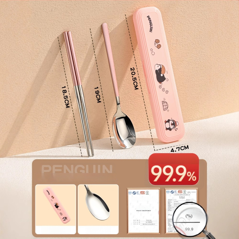 316 nerūdijančio plieno vaikų stalo įrankių rinkinys – vienam asmeniui, 3 dalys (valgomosios lazdelės, šaukštas, šakutė) su nešiojama laikymo dėžute, veidrodinis paviršius, nordinis stilius, 2024 m. pristatymas, pritaikymas galimas