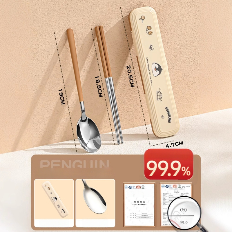 316 nerūdijančio plieno vaikų stalo įrankių rinkinys – vienam asmeniui, 3 dalys (valgomosios lazdelės, šaukštas, šakutė) su nešiojama laikymo dėžute, veidrodinis paviršius, nordinis stilius, 2024 m. pristatymas, pritaikymas galimas