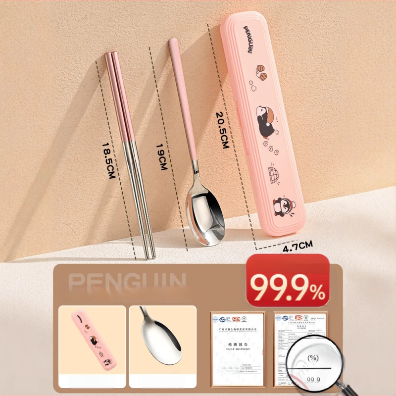 316 nerūdijančio plieno vaikų stalo įrankių rinkinys – vienam asmeniui, 3 dalys (valgomosios lazdelės, šaukštas, šakutė) su nešiojama laikymo dėžute, veidrodinis paviršius, nordinis stilius, 2024 m. pristatymas, pritaikymas galimas