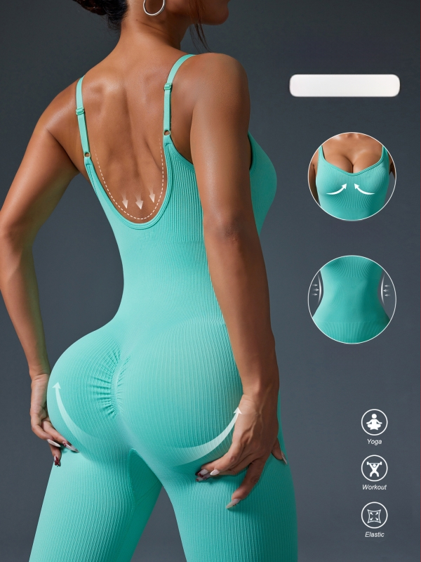 Vieno gabalo jogos kombinezonas su spagetė dirželiais, atvira nugara, pilvo kontrolė ir sėdmenų pakėlimas, drėgmei pašalinti audinys, 90% nailonas, 10% spandeksas, Snow Fox, 2024