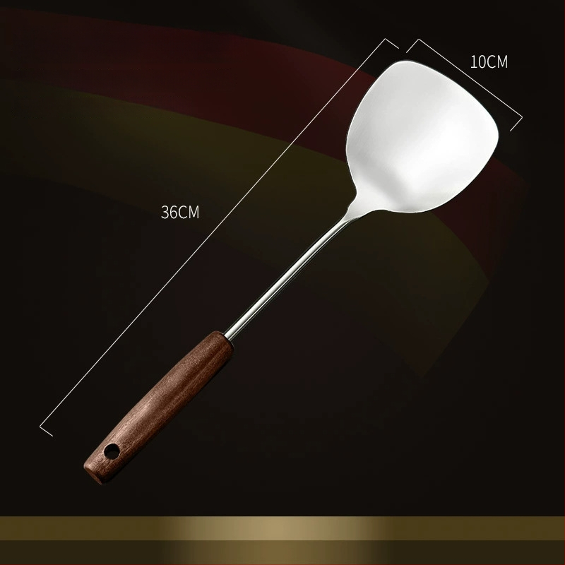 Nerūdijančio plieno virtuvės įrankių rinkinys su medine rankena: sriubos šaukštas, perforuotas šaukštas, kepimo mentele; aukštos temperatūros atsparumas; apsauga nuo nudegimų