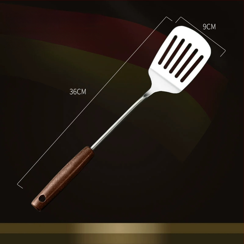 Nerūdijančio plieno virtuvės įrankių rinkinys su medine rankena: sriubos šaukštas, perforuotas šaukštas, kepimo mentele; aukštos temperatūros atsparumas; apsauga nuo nudegimų