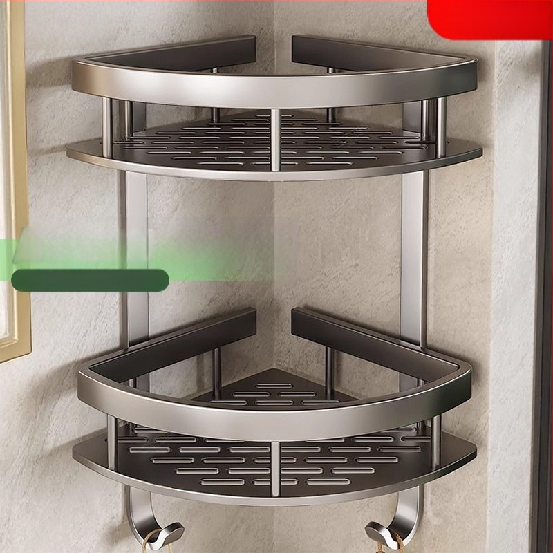 Raft de baie din aluminiu spațial, montat în colț pe perete, 3 etaje, formă de ventilator, finisaj anodizat, fără găuri
