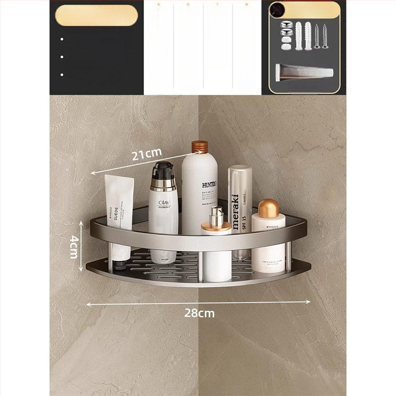 Raft de baie din aluminiu spațial, montat în colț pe perete, 3 etaje, formă de ventilator, finisaj anodizat, fără găuri