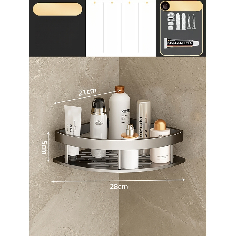 Raft de baie din aluminiu spațial, montat în colț pe perete, 3 etaje, formă de ventilator, finisaj anodizat, fără găuri