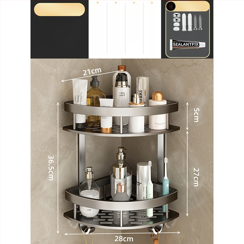 Raft de baie din aluminiu spațial, montat în colț pe perete, 3 etaje, formă de ventilator, finisaj anodizat, fără găuri