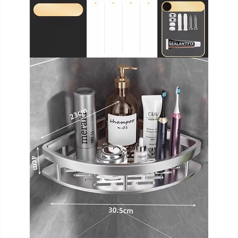 Raft de baie din aluminiu spațial, montat în colț pe perete, 3 etaje, formă de ventilator, finisaj anodizat, fără găuri