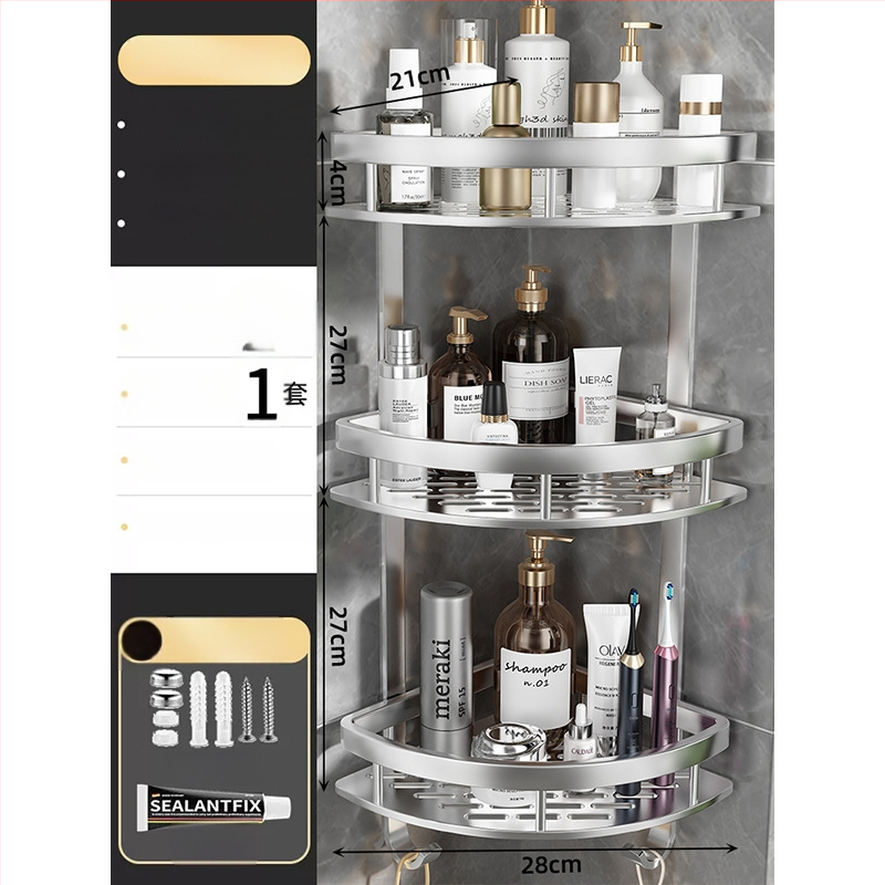 Raft de baie din aluminiu spațial, montat în colț pe perete, 3 etaje, formă de ventilator, finisaj anodizat, fără găuri