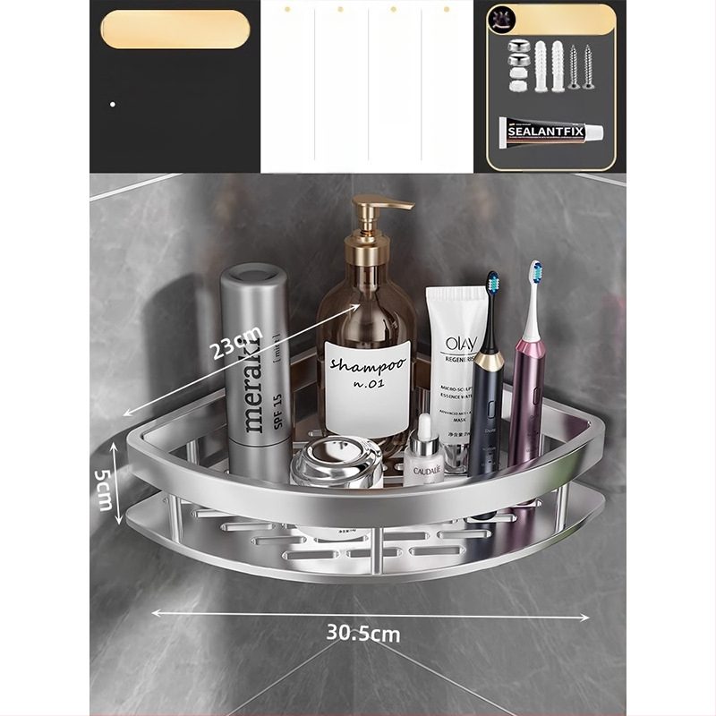 Raft de baie din aluminiu spațial, montat în colț pe perete, 3 etaje, formă de ventilator, finisaj anodizat, fără găuri