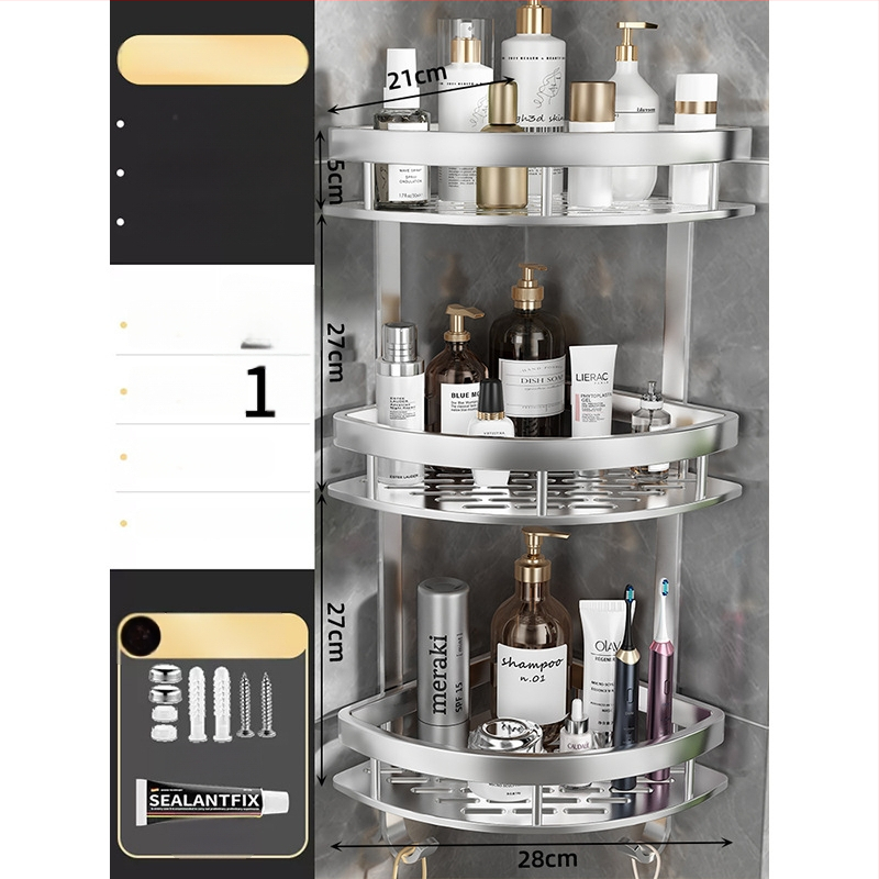 Raft de baie din aluminiu spațial, montat în colț pe perete, 3 etaje, formă de ventilator, finisaj anodizat, fără găuri