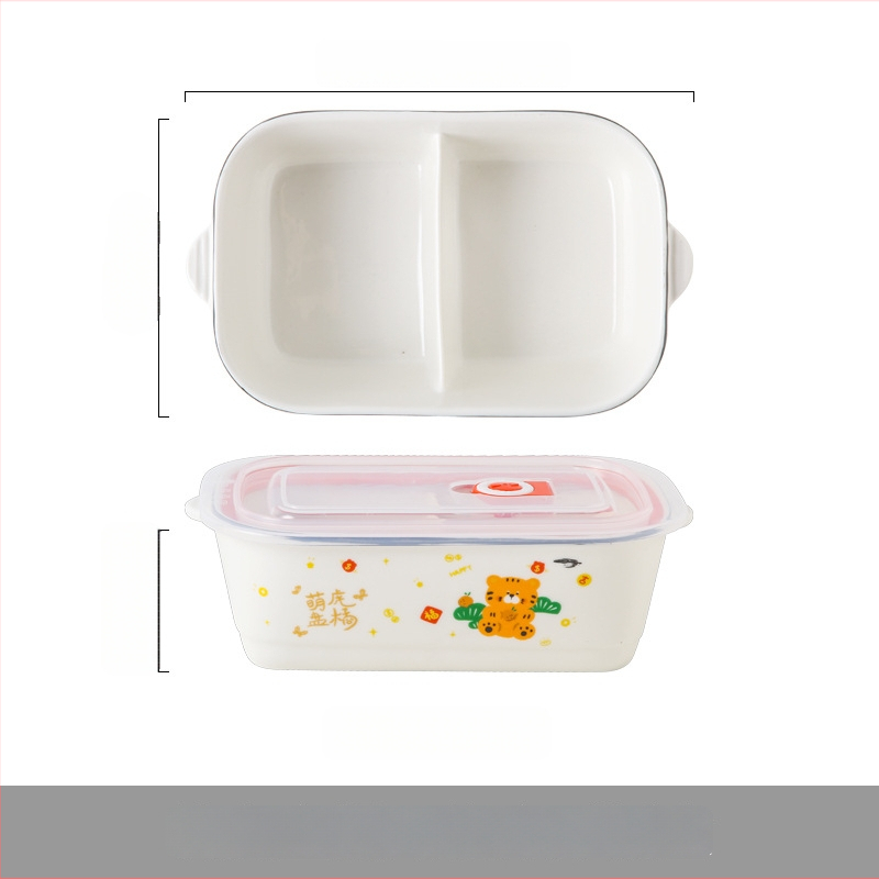 Keraminė stačiakampė dėžutė maistui su karikatūrų raštu, tinkama mikrobangų krosninei, talpa 800–1000 ml