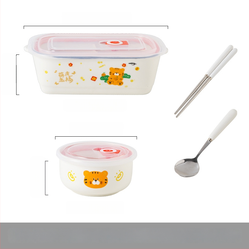 Keraminė stačiakampė dėžutė maistui su karikatūrų raštu, tinkama mikrobangų krosninei, talpa 800–1000 ml