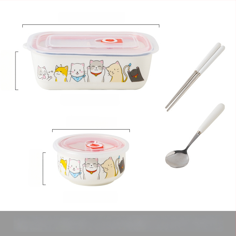 Keraminė stačiakampė dėžutė maistui su karikatūrų raštu, tinkama mikrobangų krosninei, talpa 800–1000 ml