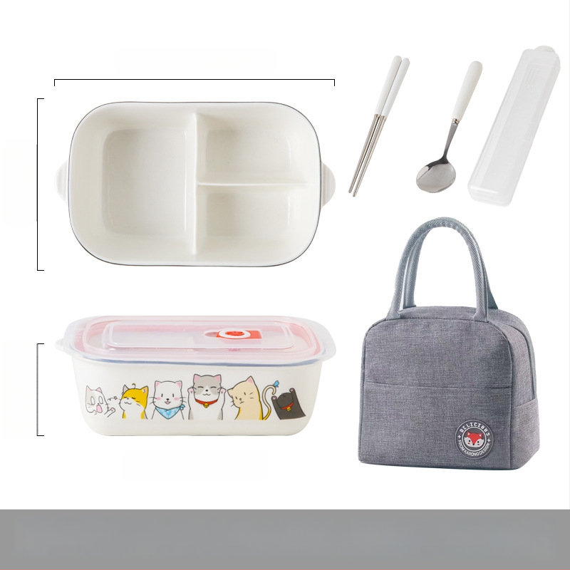 Keraminė stačiakampė dėžutė maistui su karikatūrų raštu, tinkama mikrobangų krosninei, talpa 800–1000 ml