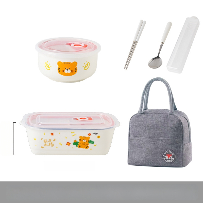 Keraminė stačiakampė dėžutė maistui su karikatūrų raštu, tinkama mikrobangų krosninei, talpa 800–1000 ml