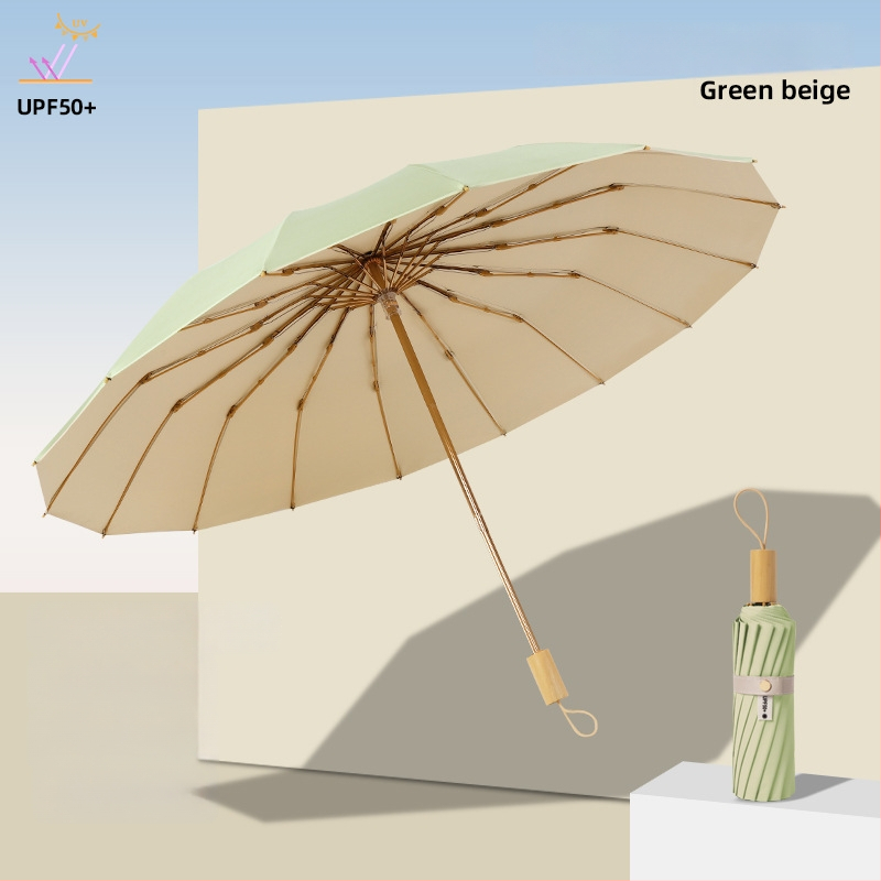 Слънчев чадър с три секции и двойно покритие, плат 210T, 8 ребра, алуминиев прът, ръчно отваряне/затваряне, UPF50+