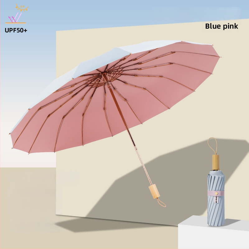 Слънчев чадър с три секции и двойно покритие, плат 210T, 8 ребра, алуминиев прът, ръчно отваряне/затваряне, UPF50+