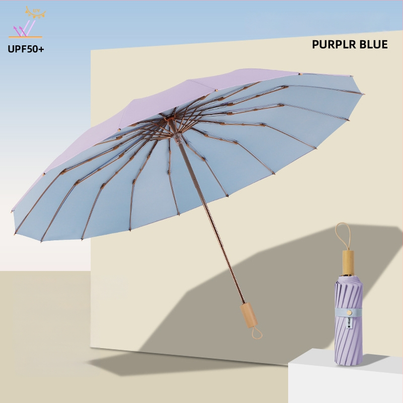 Слънчев чадър с три секции и двойно покритие, плат 210T, 8 ребра, алуминиев прът, ръчно отваряне/затваряне, UPF50+