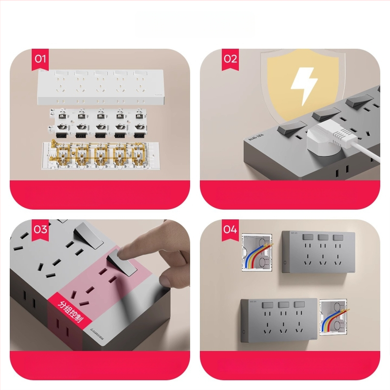 Ārējais ultra-plānais sienas uzstādāmais kontaktu panelis ar slēdzi, paplašināšanas kontaktu panelis ar piecām atverēm, korpuss no cinka-fosfora bronzas, 10A, 220V, piestiprināts pie sienas