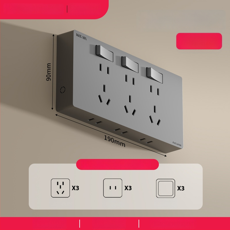 Ārējais ultra-plānais sienas uzstādāmais kontaktu panelis ar slēdzi, paplašināšanas kontaktu panelis ar piecām atverēm, korpuss no cinka-fosfora bronzas, 10A, 220V, piestiprināts pie sienas