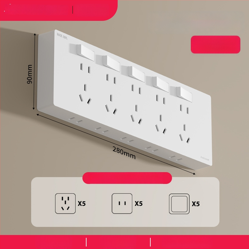 Ārējais ultra-plānais sienas uzstādāmais kontaktu panelis ar slēdzi, paplašināšanas kontaktu panelis ar piecām atverēm, korpuss no cinka-fosfora bronzas, 10A, 220V, piestiprināts pie sienas