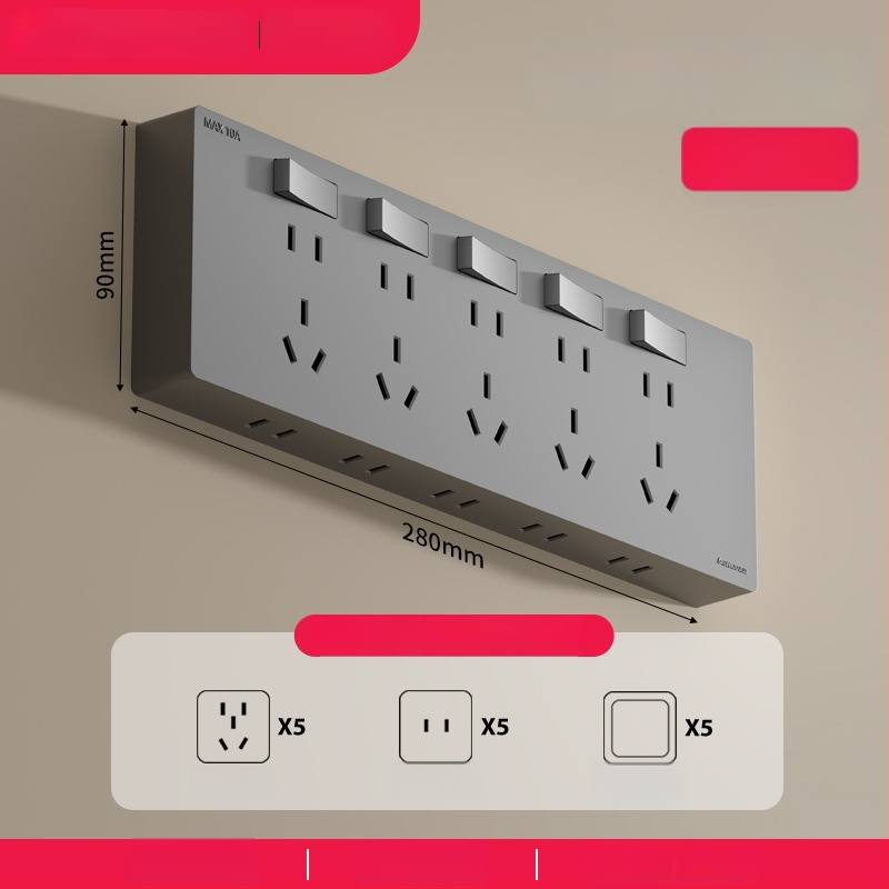 Ārējais ultra-plānais sienas uzstādāmais kontaktu panelis ar slēdzi, paplašināšanas kontaktu panelis ar piecām atverēm, korpuss no cinka-fosfora bronzas, 10A, 220V, piestiprināts pie sienas