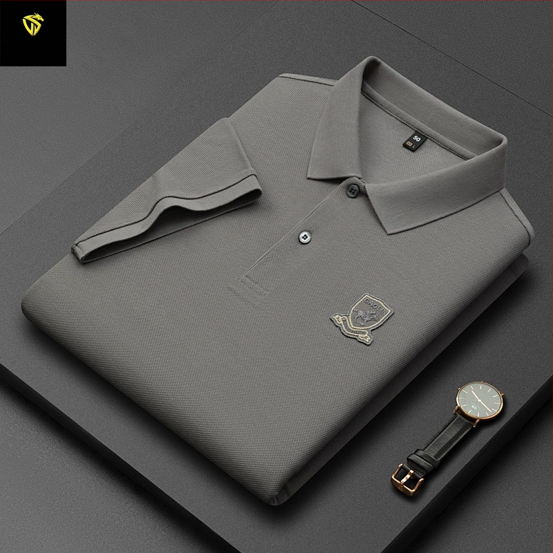 Meeste polo särk merceriseeritud puuvillast hexagonaalse helmeste mustriga, lühikeste varrukatega, vaba lõige, tikand