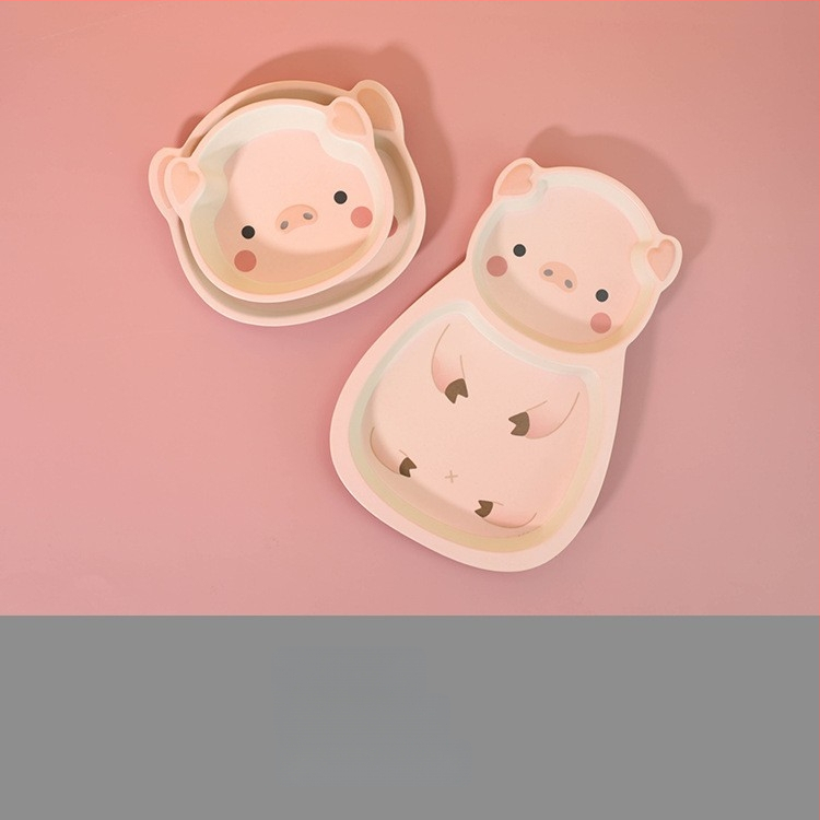 Set dječjih posuđa — tanjur u obliku praseta, crtani dizajn, melamin i vlakna bambusa, nepravilan oblik