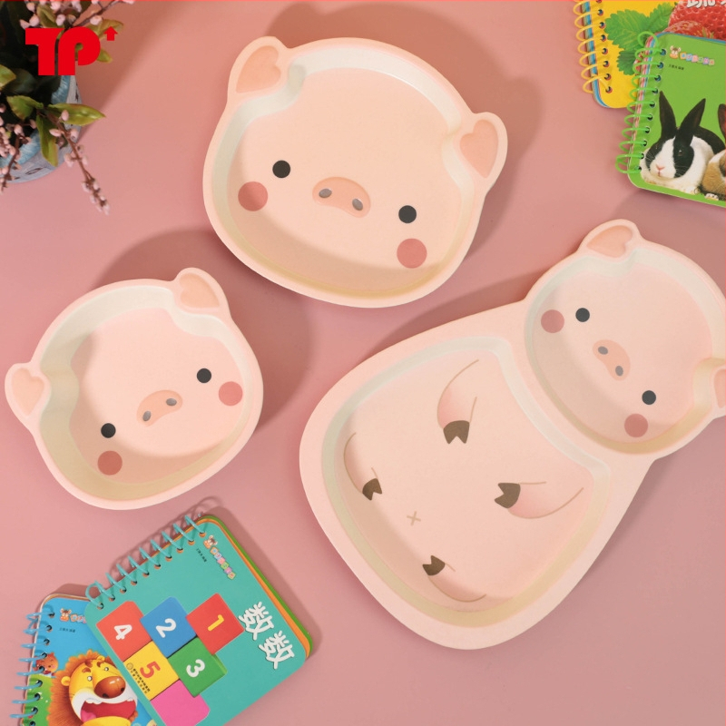 Set dječjih posuđa — tanjur u obliku praseta, crtani dizajn, melamin i vlakna bambusa, nepravilan oblik