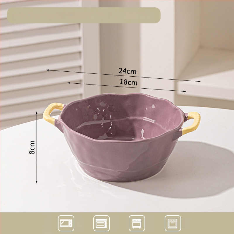 Keramická misa s dvojitým uchom na polievku, rezance, dezert a šalát; nepravidelný tvar, glazúrovaný povrch, moderný minimalistický štýl; vhodné do mikrovlnky