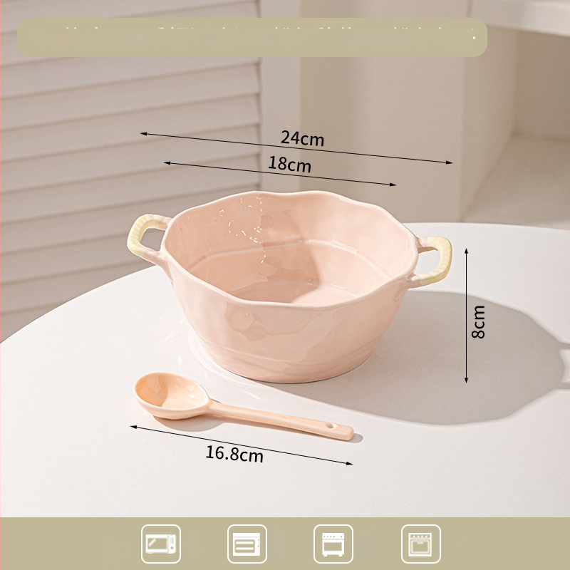 Keramická misa s dvojitým uchom na polievku, rezance, dezert a šalát; nepravidelný tvar, glazúrovaný povrch, moderný minimalistický štýl; vhodné do mikrovlnky