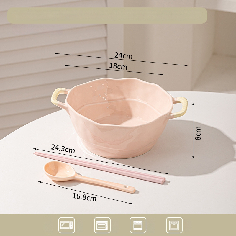 Keramická misa s dvojitým uchom na polievku, rezance, dezert a šalát; nepravidelný tvar, glazúrovaný povrch, moderný minimalistický štýl; vhodné do mikrovlnky