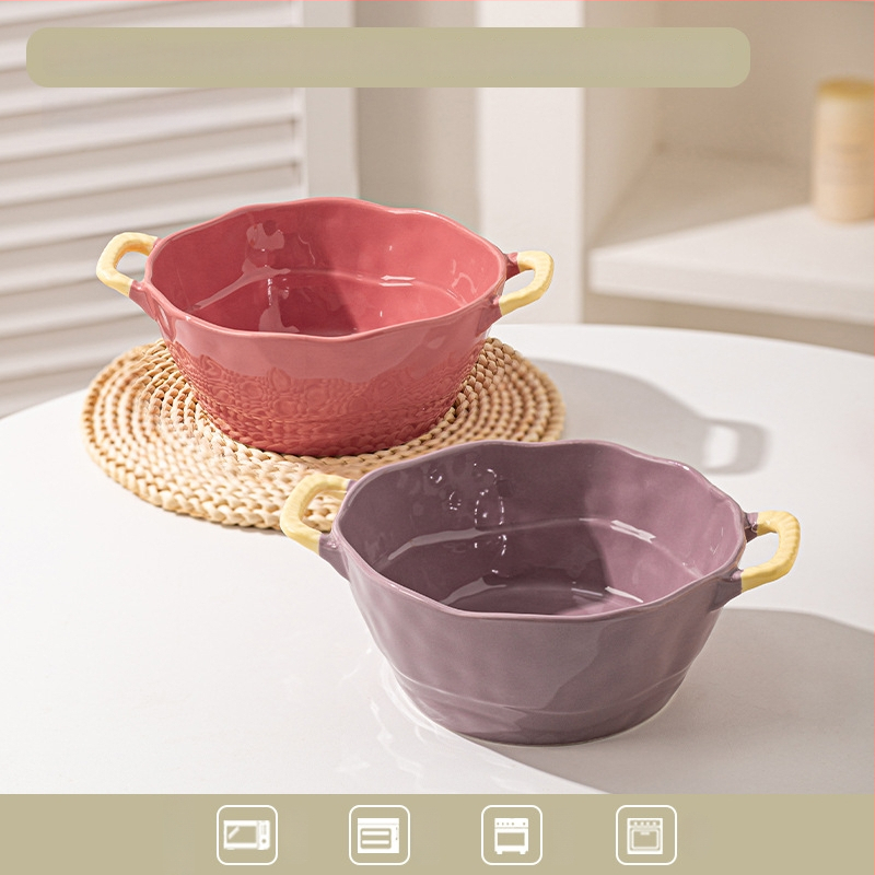 Keramická misa s dvojitým uchom na polievku, rezance, dezert a šalát; nepravidelný tvar, glazúrovaný povrch, moderný minimalistický štýl; vhodné do mikrovlnky