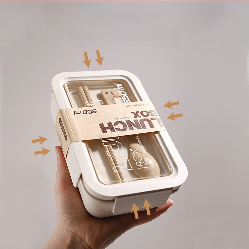 Kvadratinė plastikinė pietų dėžutė, tinkama naudoti mikrobangų krosnelėje, talpa 800-1000 ml, vieno sluoksnio, japonų stiliaus, su įrankiais