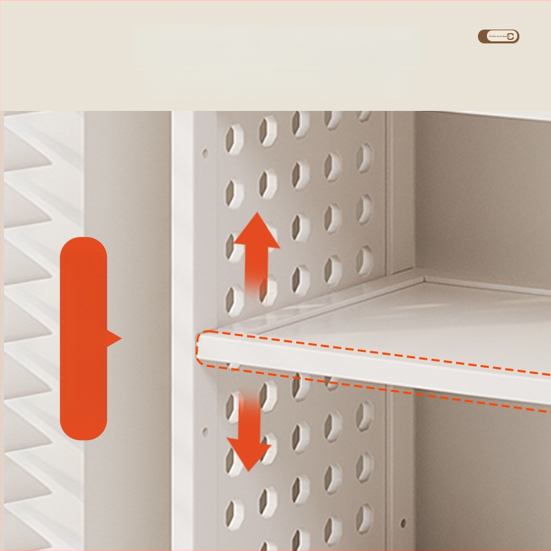 Stalo knygų spinta su daug sluoksnių dizainu ir reguliuojamomis pertvaromis, skylėta lenta organizacijai, modelis 0010