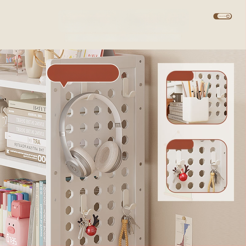 Stalo knygų spinta su daug sluoksnių dizainu ir reguliuojamomis pertvaromis, skylėta lenta organizacijai, modelis 0010