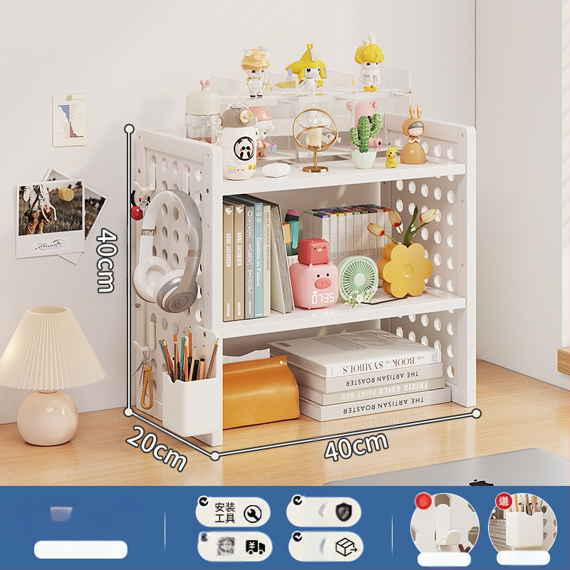 Stalo knygų spinta su daug sluoksnių dizainu ir reguliuojamomis pertvaromis, skylėta lenta organizacijai, modelis 0010