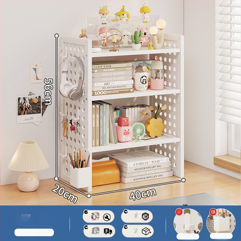 Stalo knygų spinta su daug sluoksnių dizainu ir reguliuojamomis pertvaromis, skylėta lenta organizacijai, modelis 0010