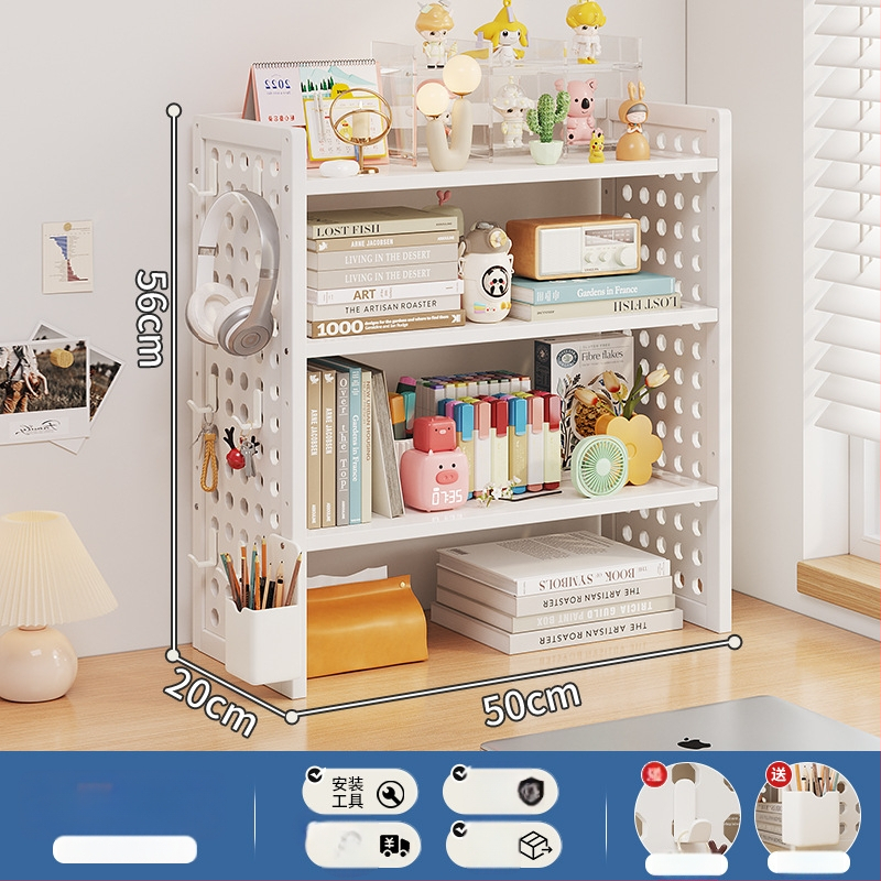 Stalo knygų spinta su daug sluoksnių dizainu ir reguliuojamomis pertvaromis, skylėta lenta organizacijai, modelis 0010