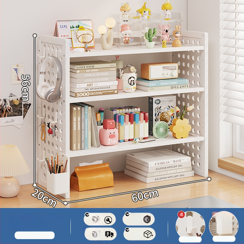 Stalo knygų spinta su daug sluoksnių dizainu ir reguliuojamomis pertvaromis, skylėta lenta organizacijai, modelis 0010